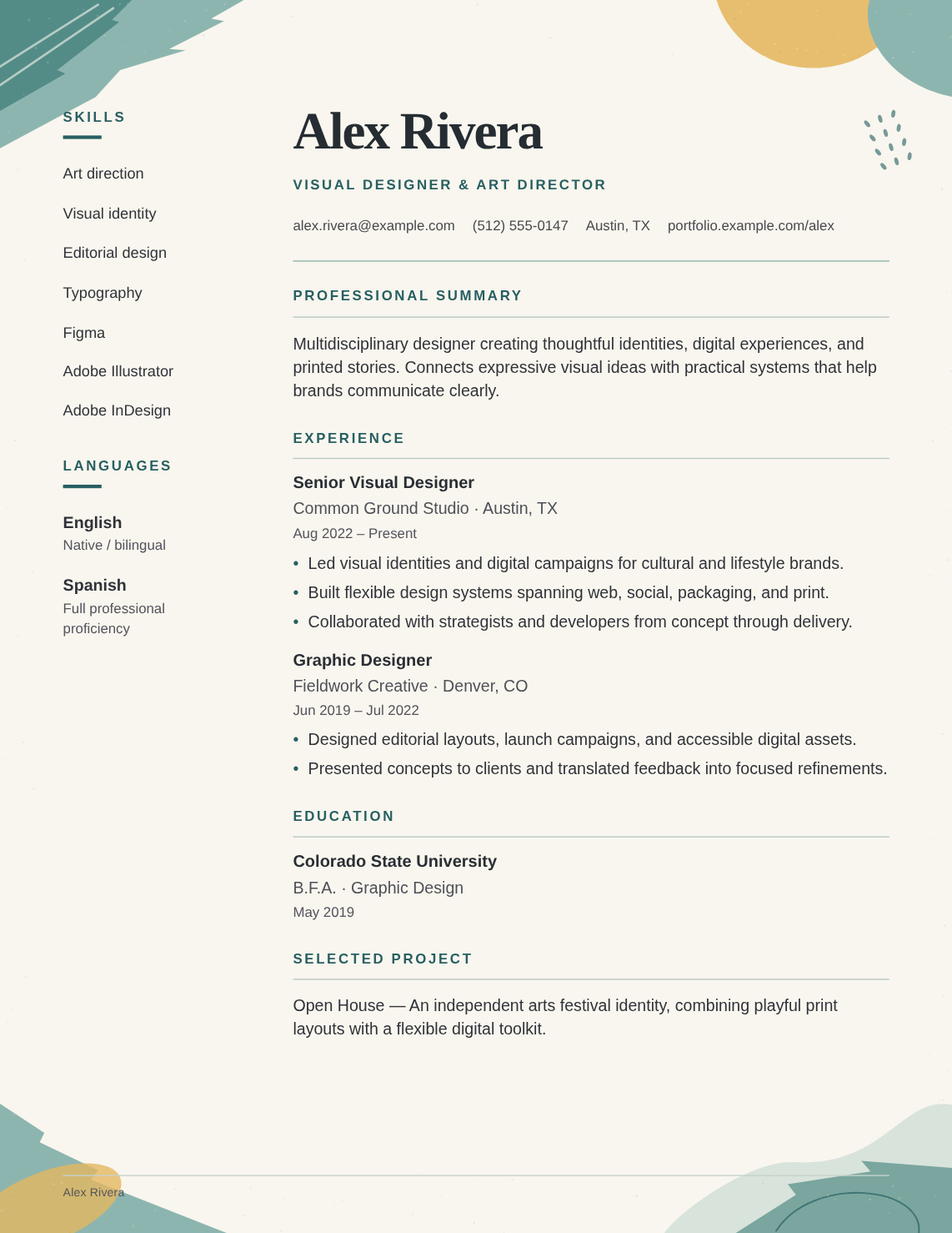 Atelier resume template filled with Alex Rivera’s fictional experience, education and skills