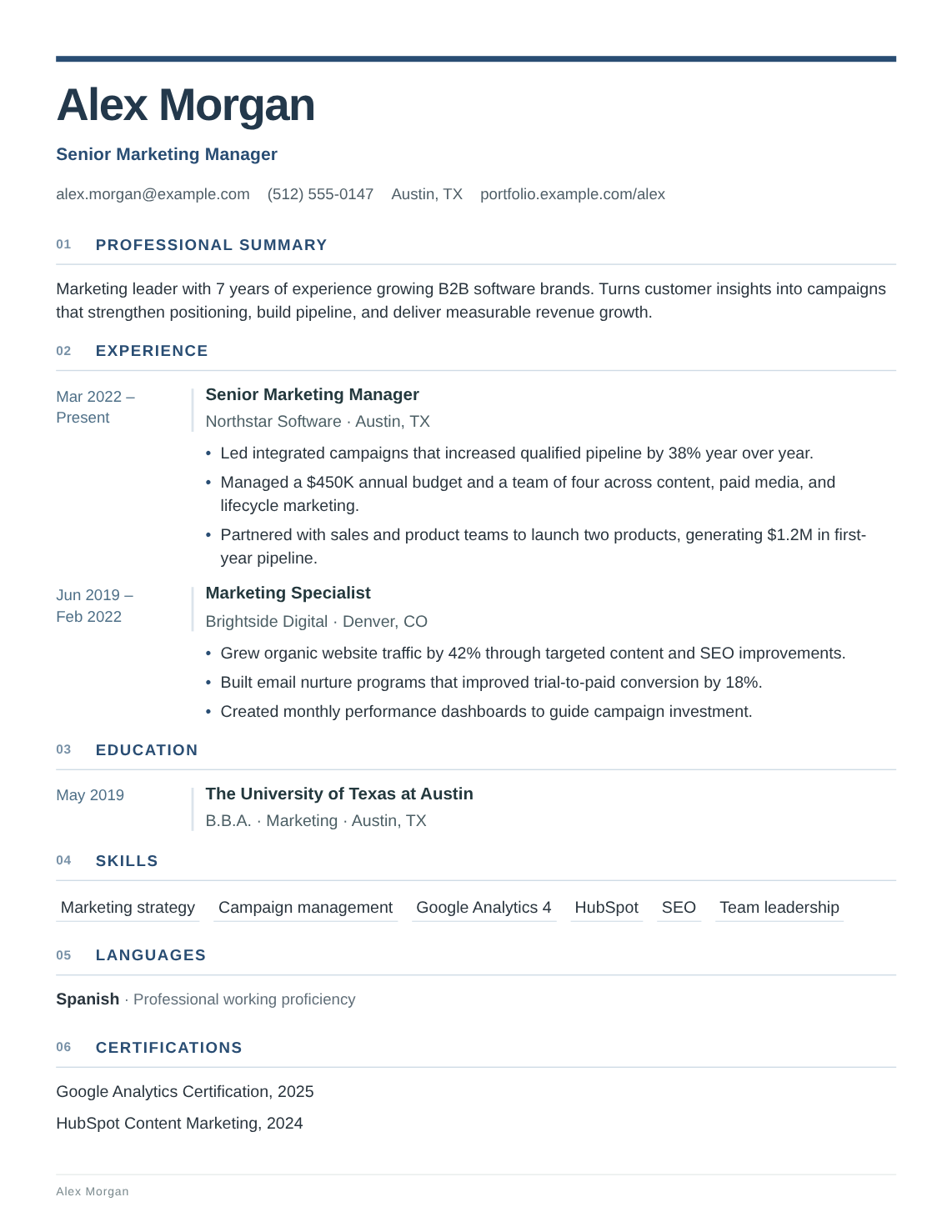 Atlas resume template filled with Alex Morgan’s fictional experience, education and skills