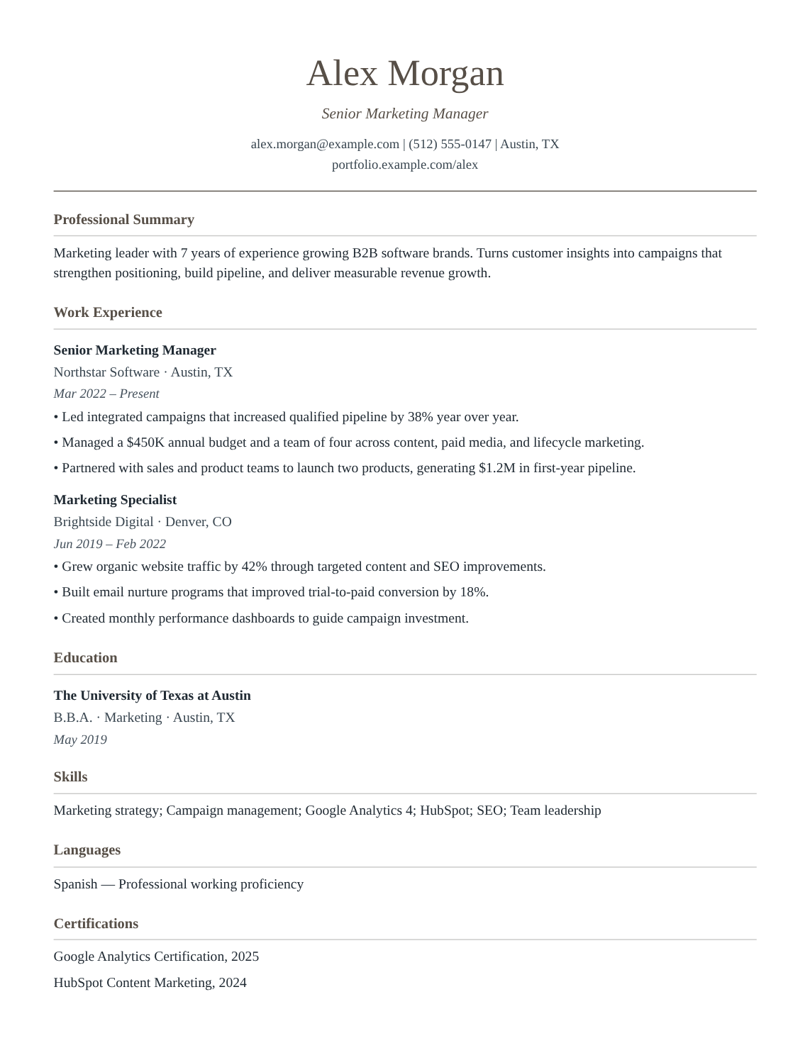 ATS Classic resume template filled with Alex Morgan’s fictional experience, education and skills