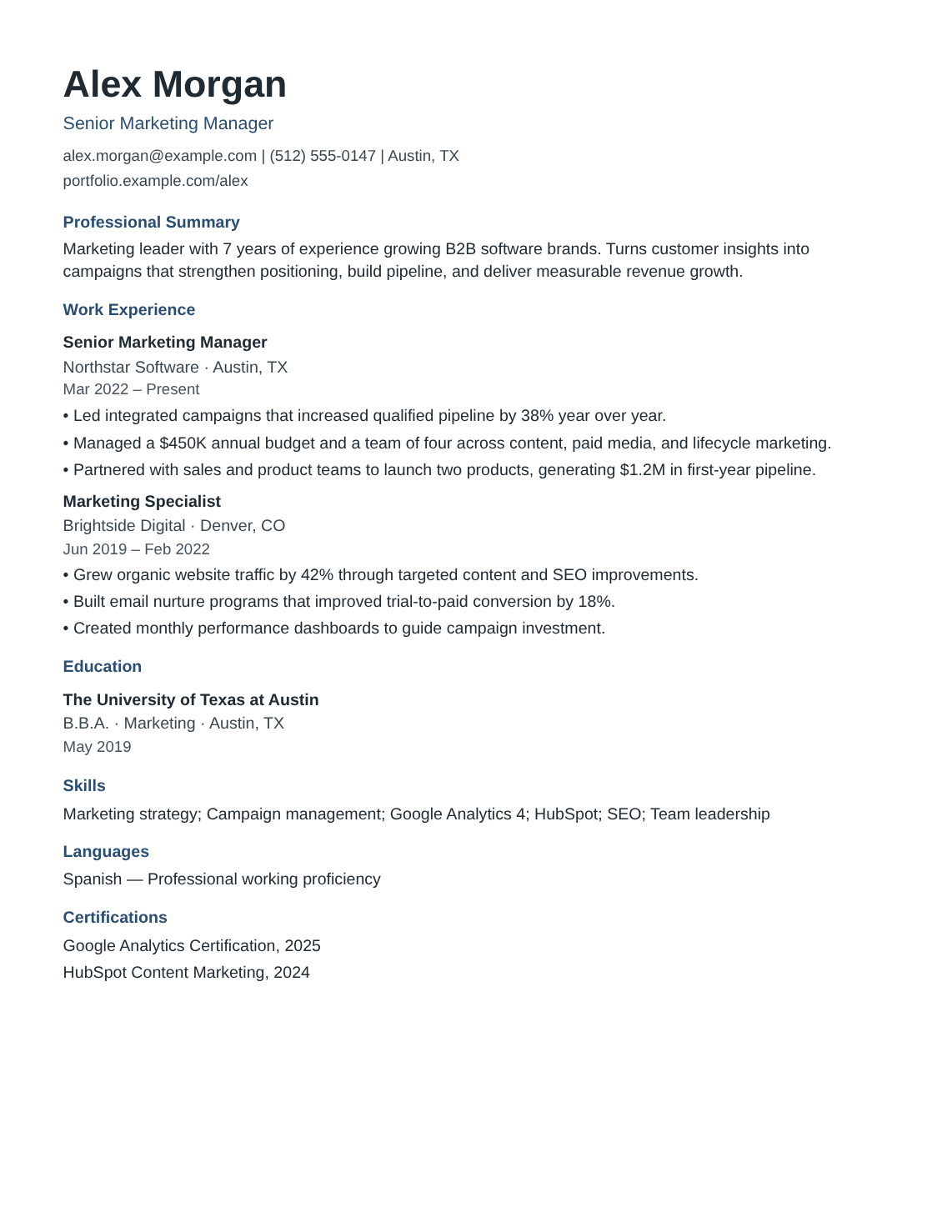 ATS Compact resume template filled with Alex Morgan’s fictional experience, education and skills