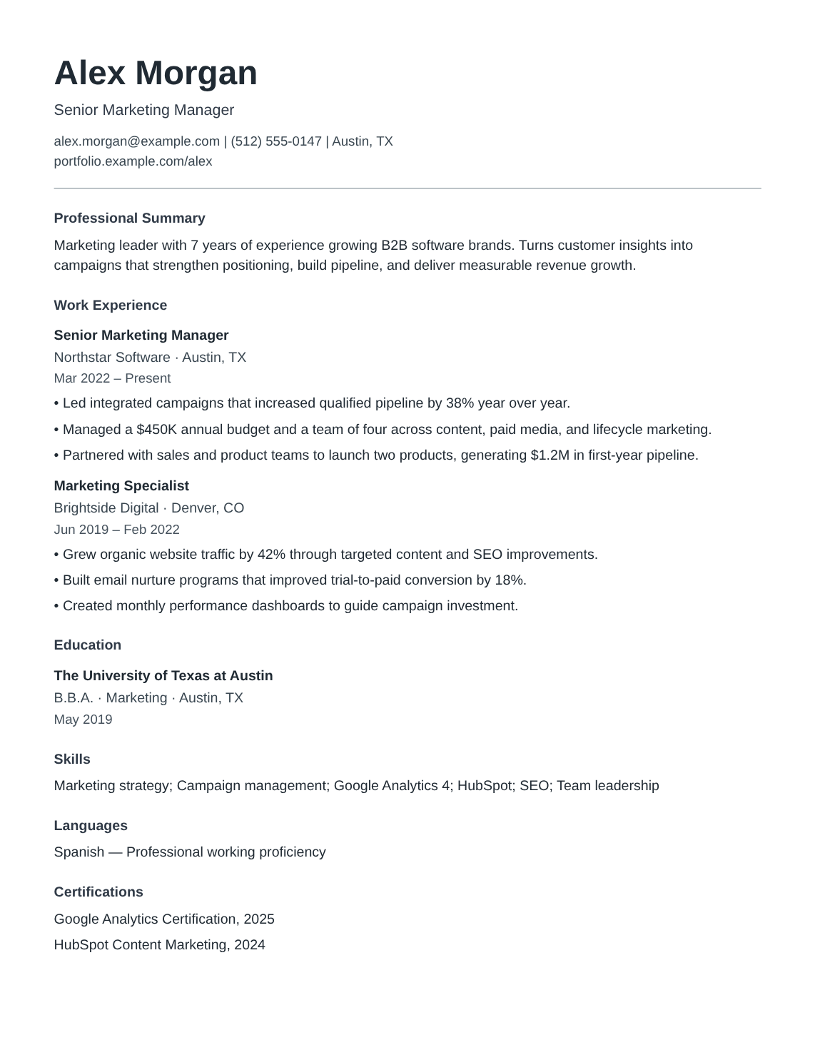 ATS Essential resume template filled with Alex Morgan’s fictional experience, education and skills
