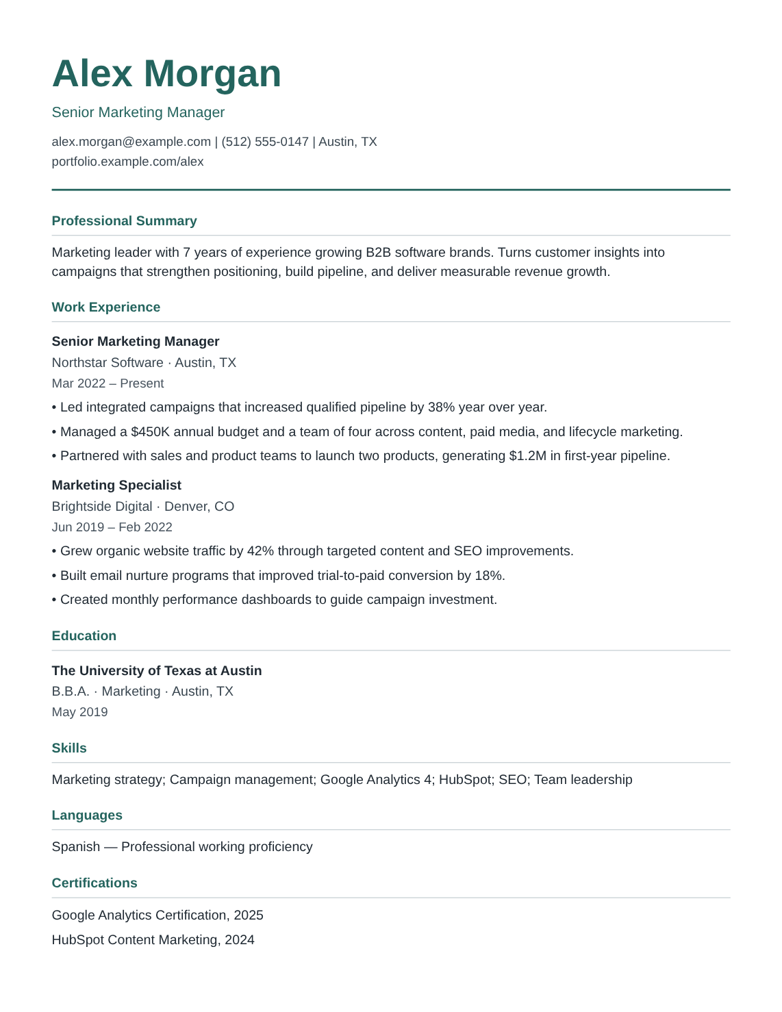 ATS Modern resume template filled with Alex Morgan’s fictional experience, education and skills