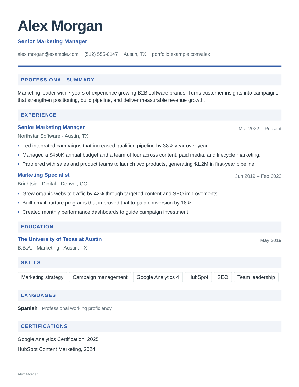 Berlin resume template filled with Alex Morgan’s fictional experience, education and skills