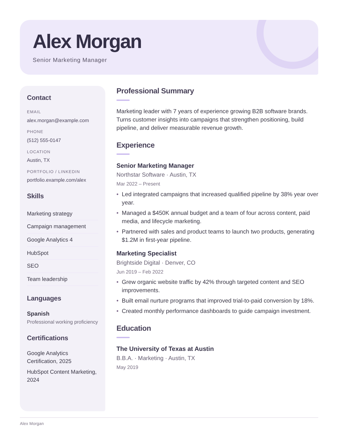 Bloom resume template filled with Alex Morgan’s fictional experience, education and skills