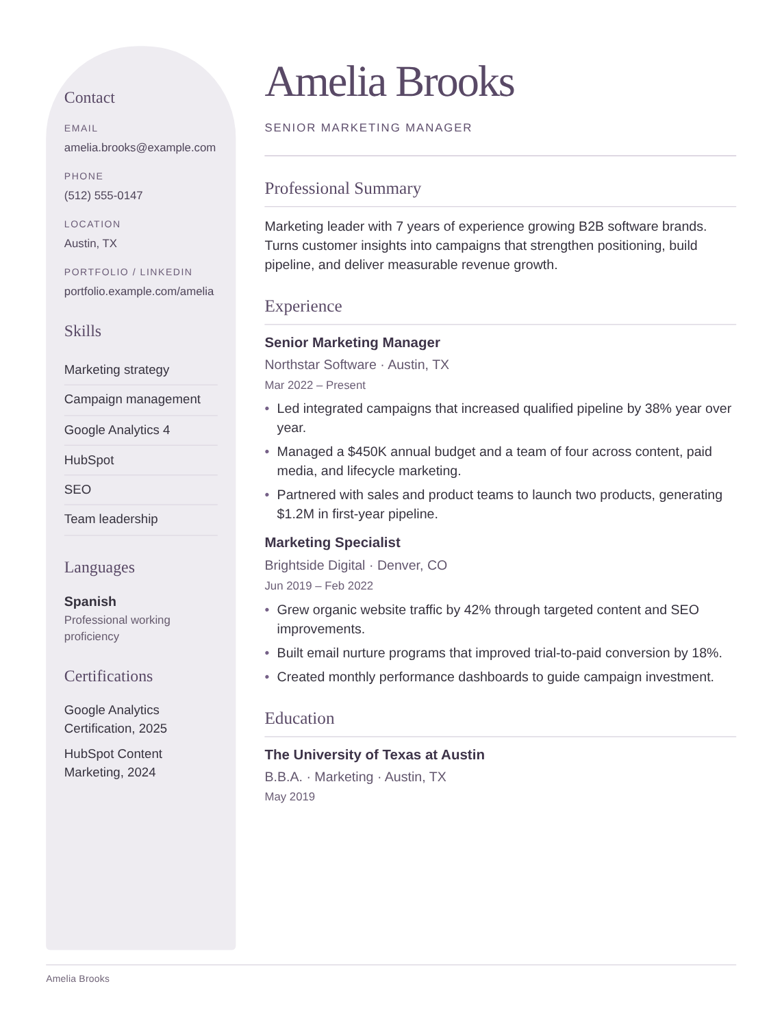 Celeste resume template filled with Amelia Brooks’s fictional experience, education and skills
