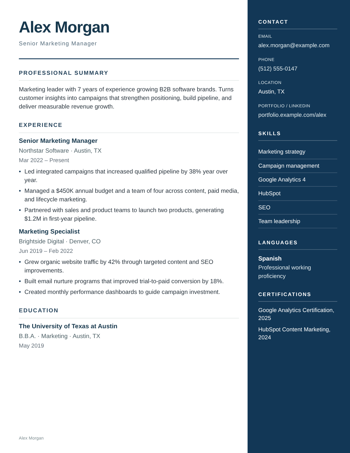 Harbor resume template filled with Alex Morgan’s fictional experience, education and skills