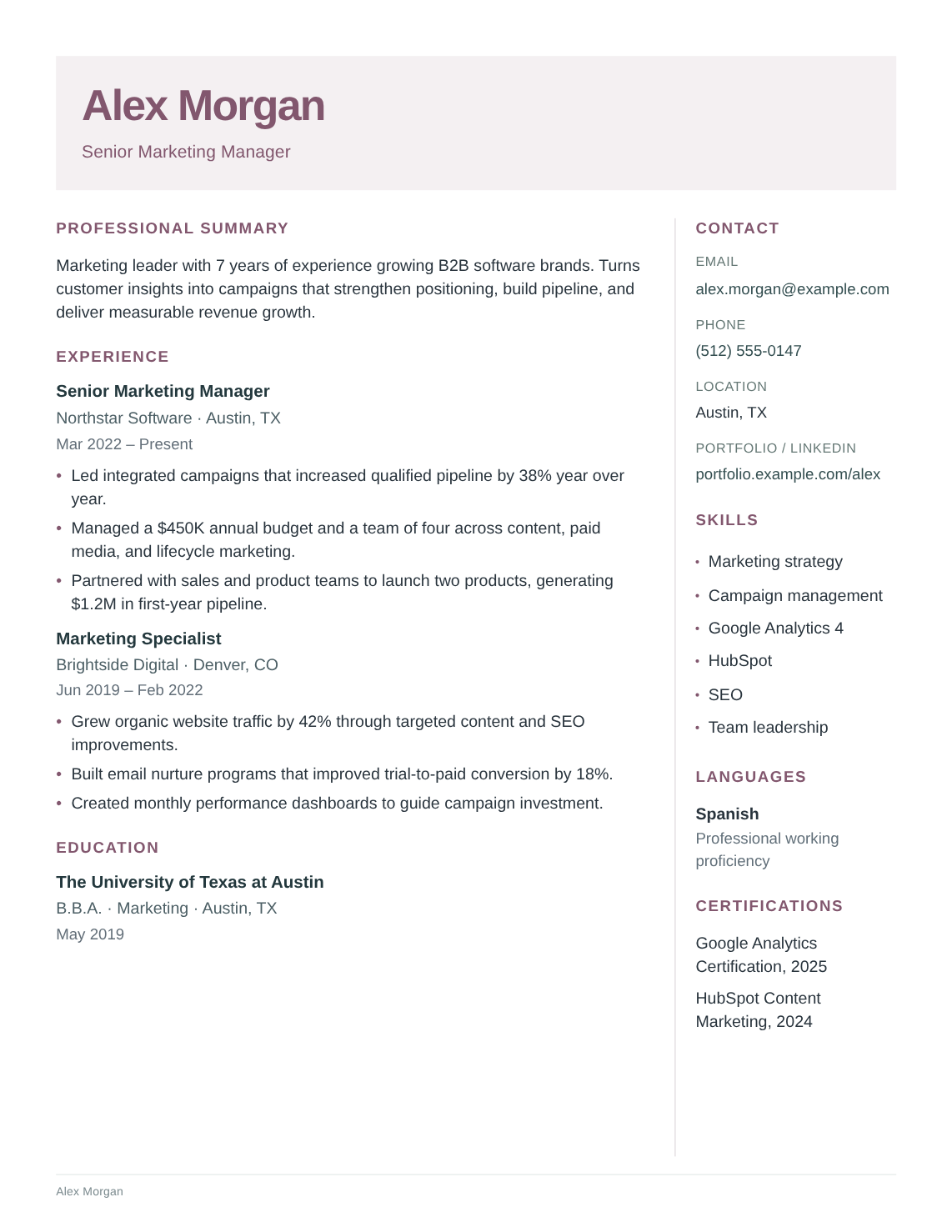 Kyoto resume template filled with Alex Morgan’s fictional experience, education and skills