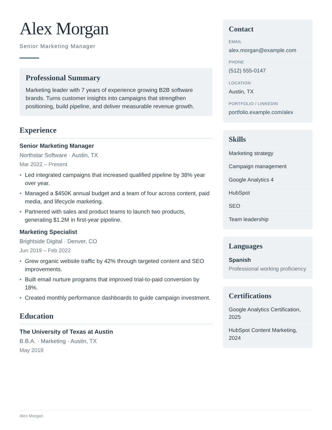 Mosaic resume template filled with Alex Morgan’s fictional experience, education and skills