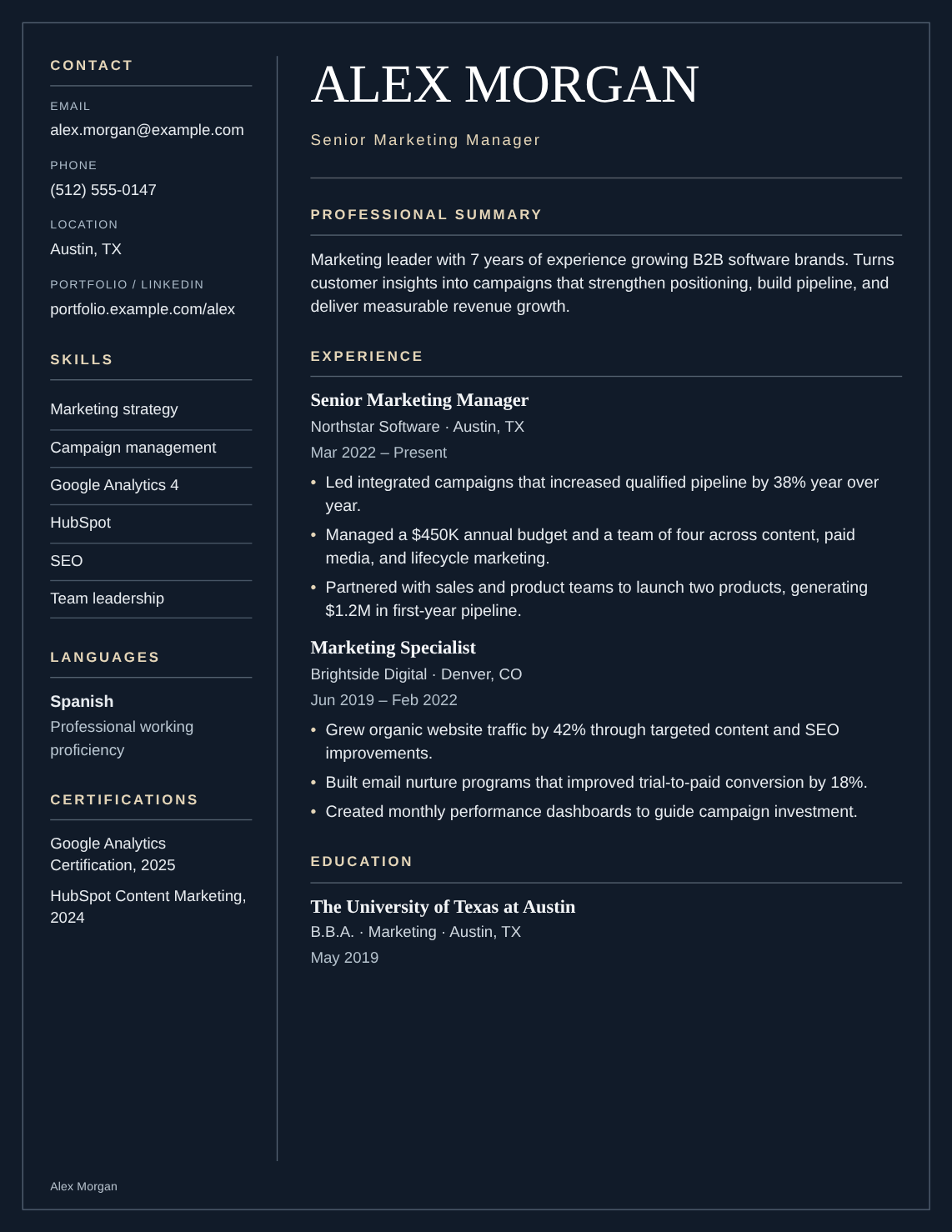 Nocturne resume template filled with Alex Morgan’s fictional experience, education and skills