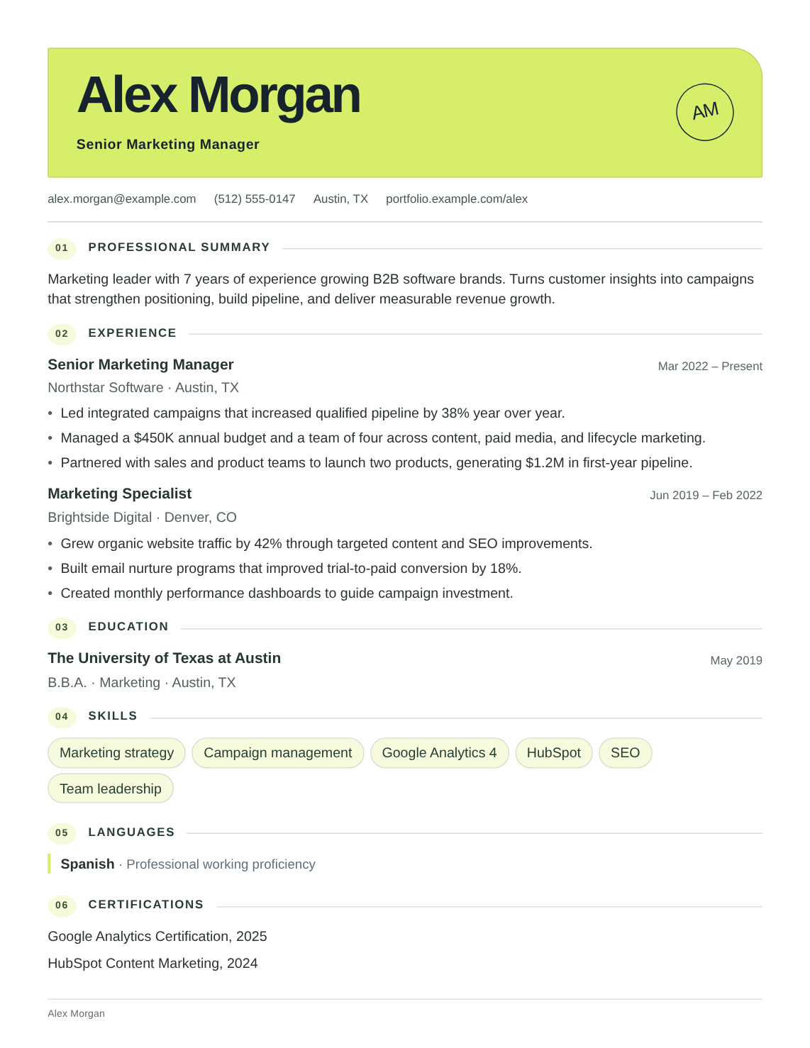 Nova resume template filled with Alex Morgan’s fictional experience, education and skills