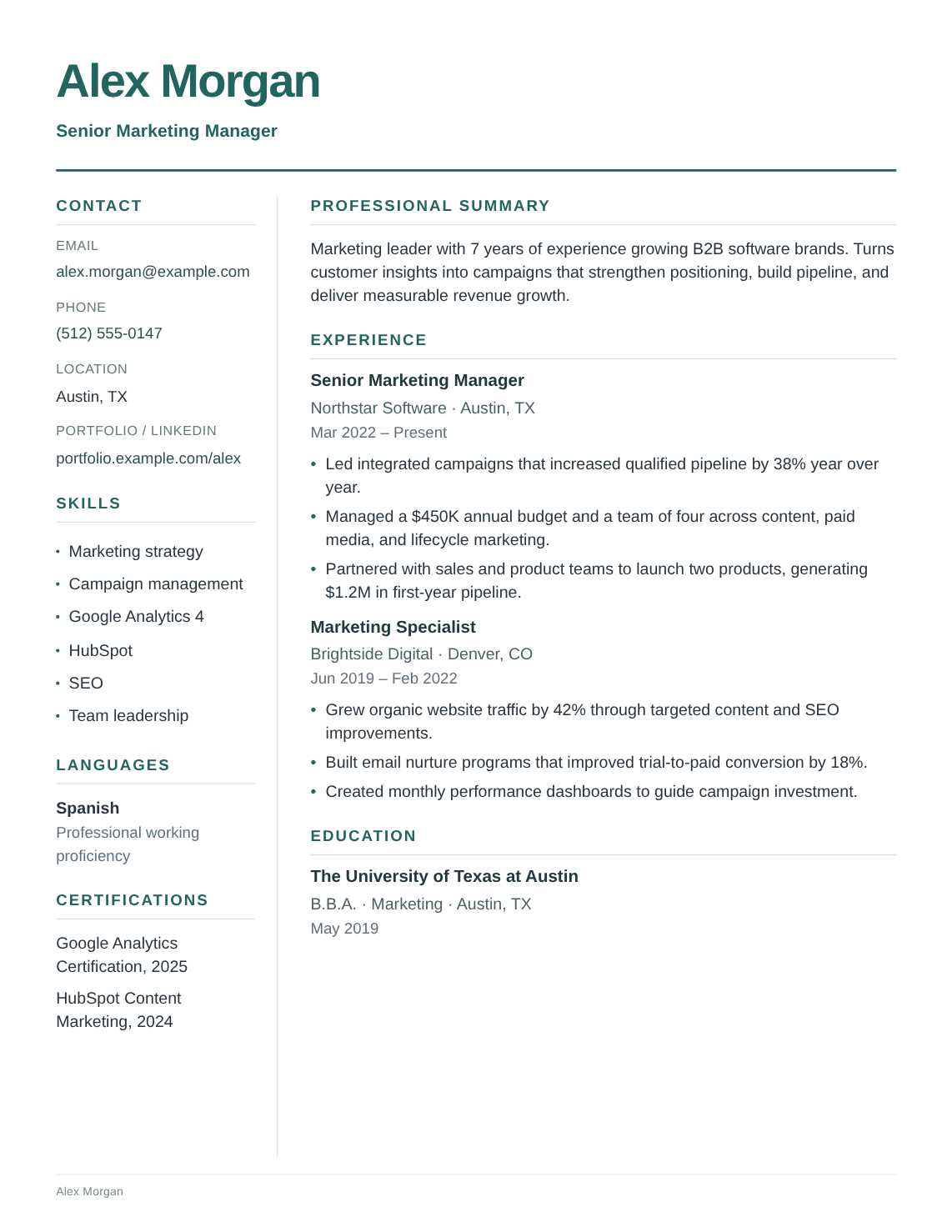 Oslo resume template filled with Alex Morgan’s fictional experience, education and skills