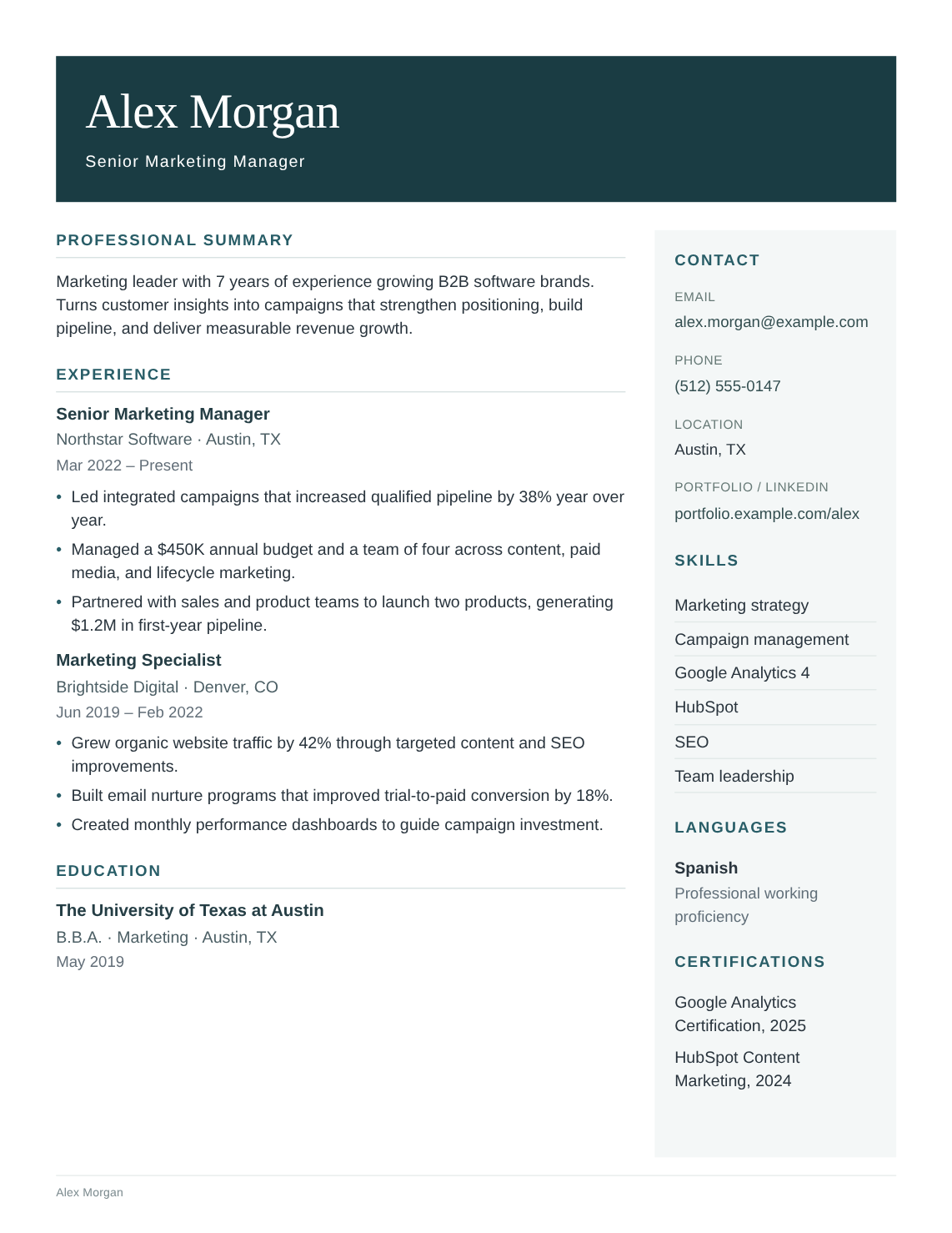 Pacific resume template filled with Alex Morgan’s fictional experience, education and skills