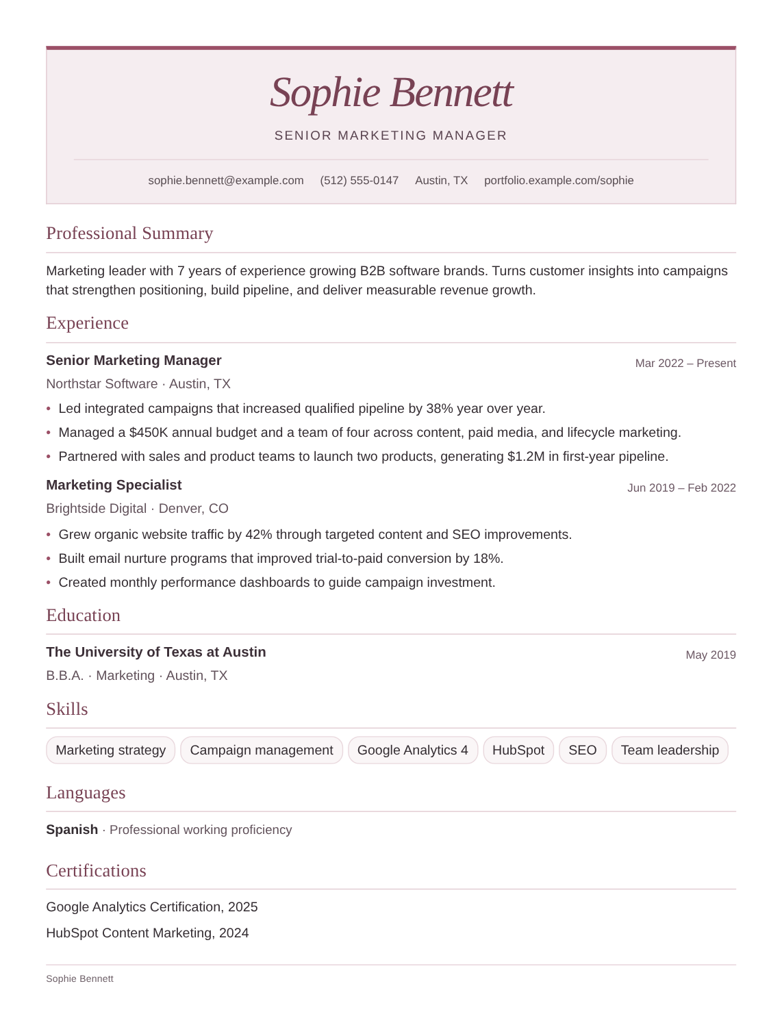 Rosalie resume template filled with Sophie Bennett’s fictional experience, education and skills