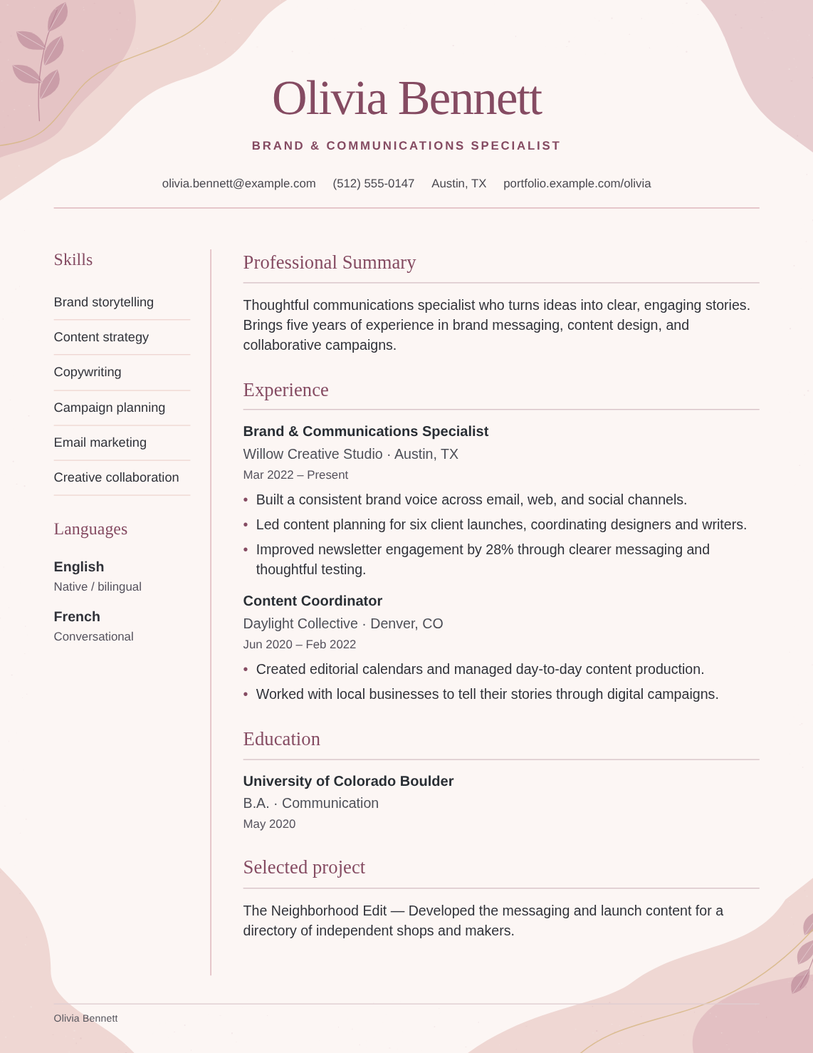 Rosette resume template filled with Olivia Bennett’s fictional experience, education and skills
