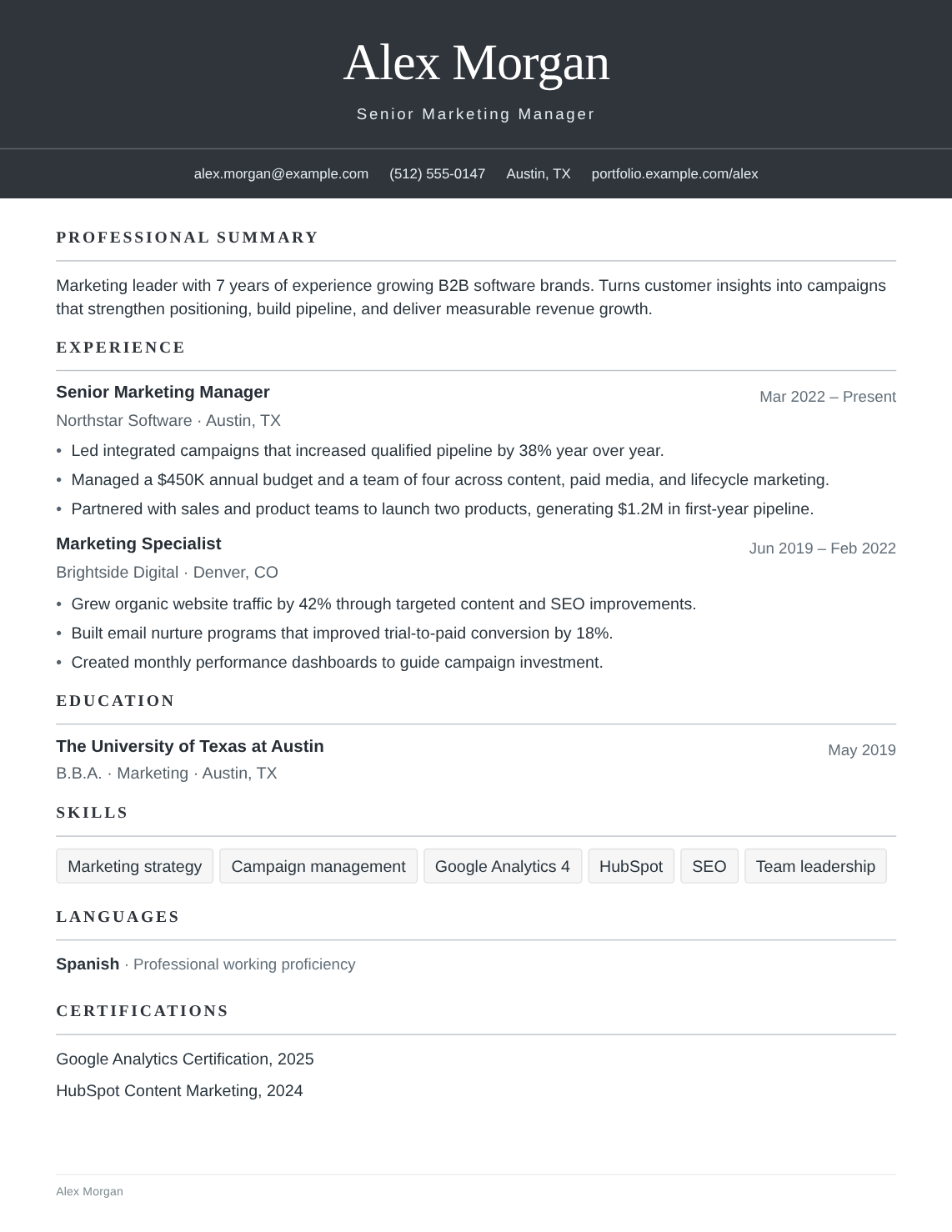 Sterling resume template filled with Alex Morgan’s fictional experience, education and skills